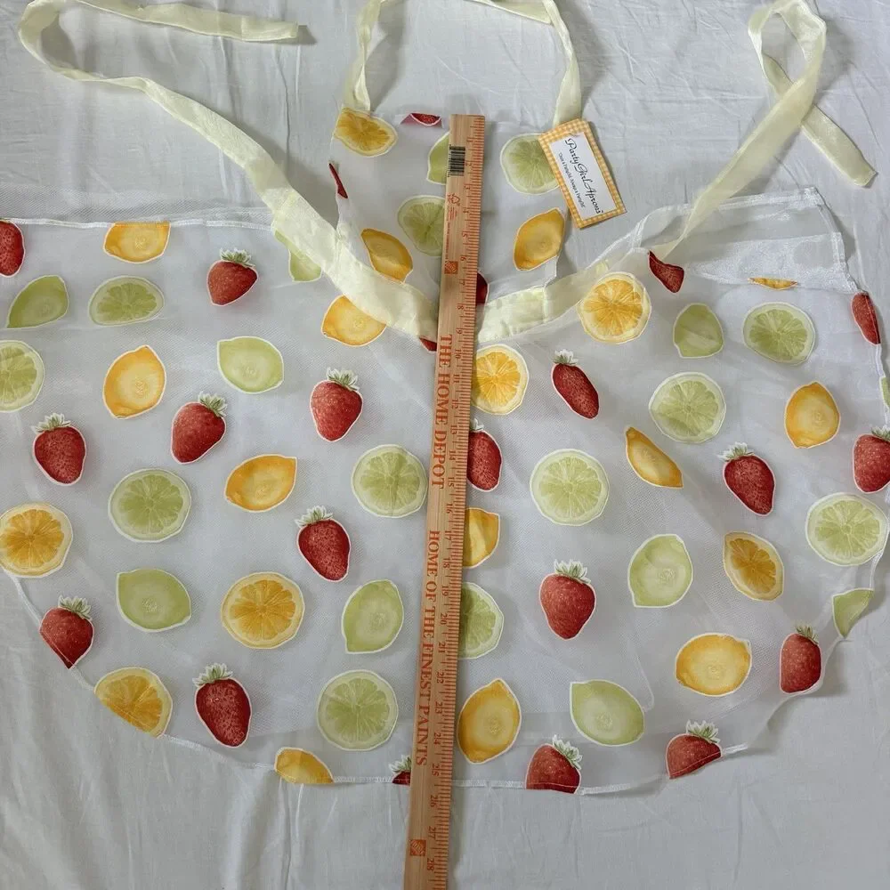 NWT PartyGirlAprons Sheer Fruit Print Hostess Apron Strawberry Lemon Citrus OS